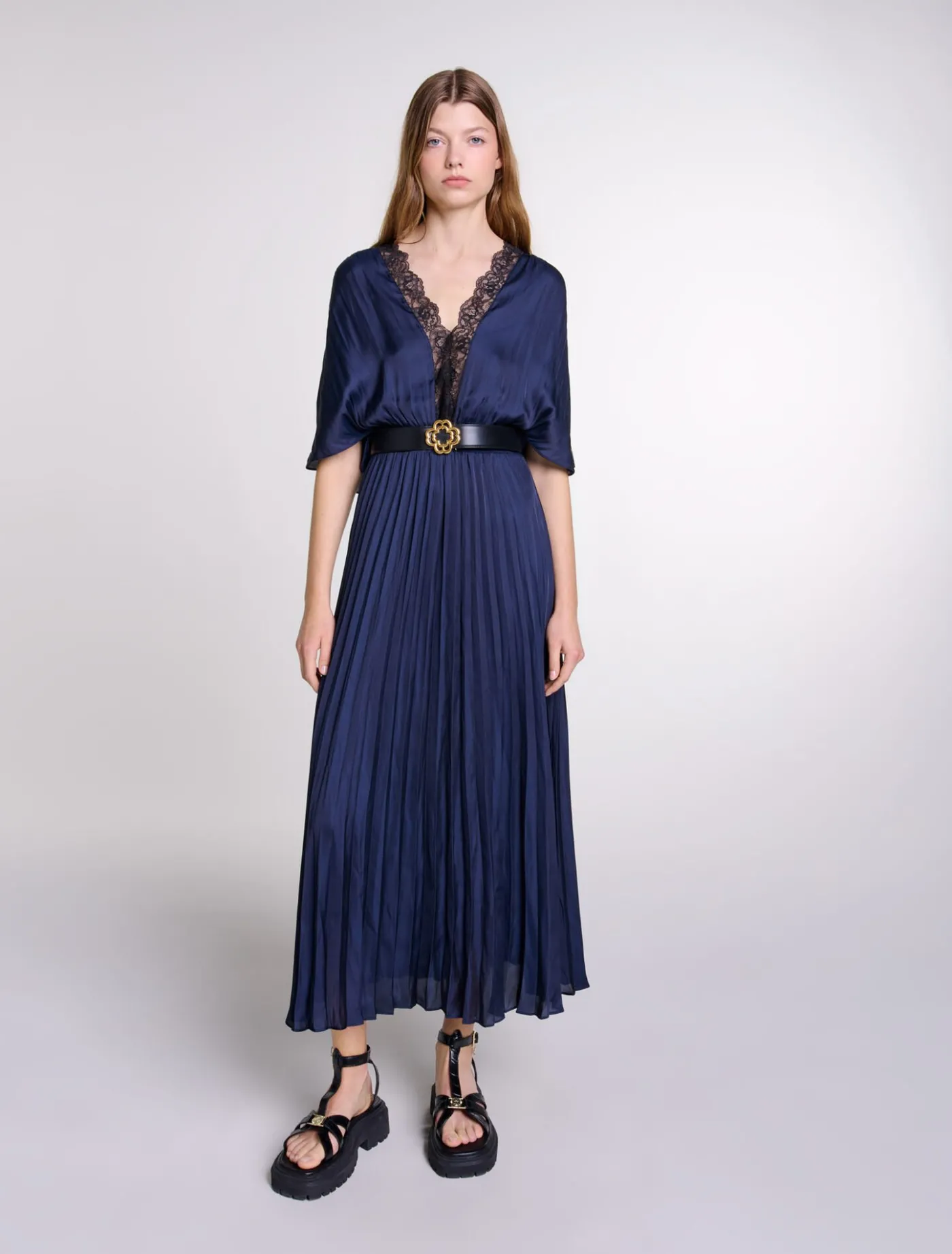 Pleated maxi dress with lace^Maje Best Sale