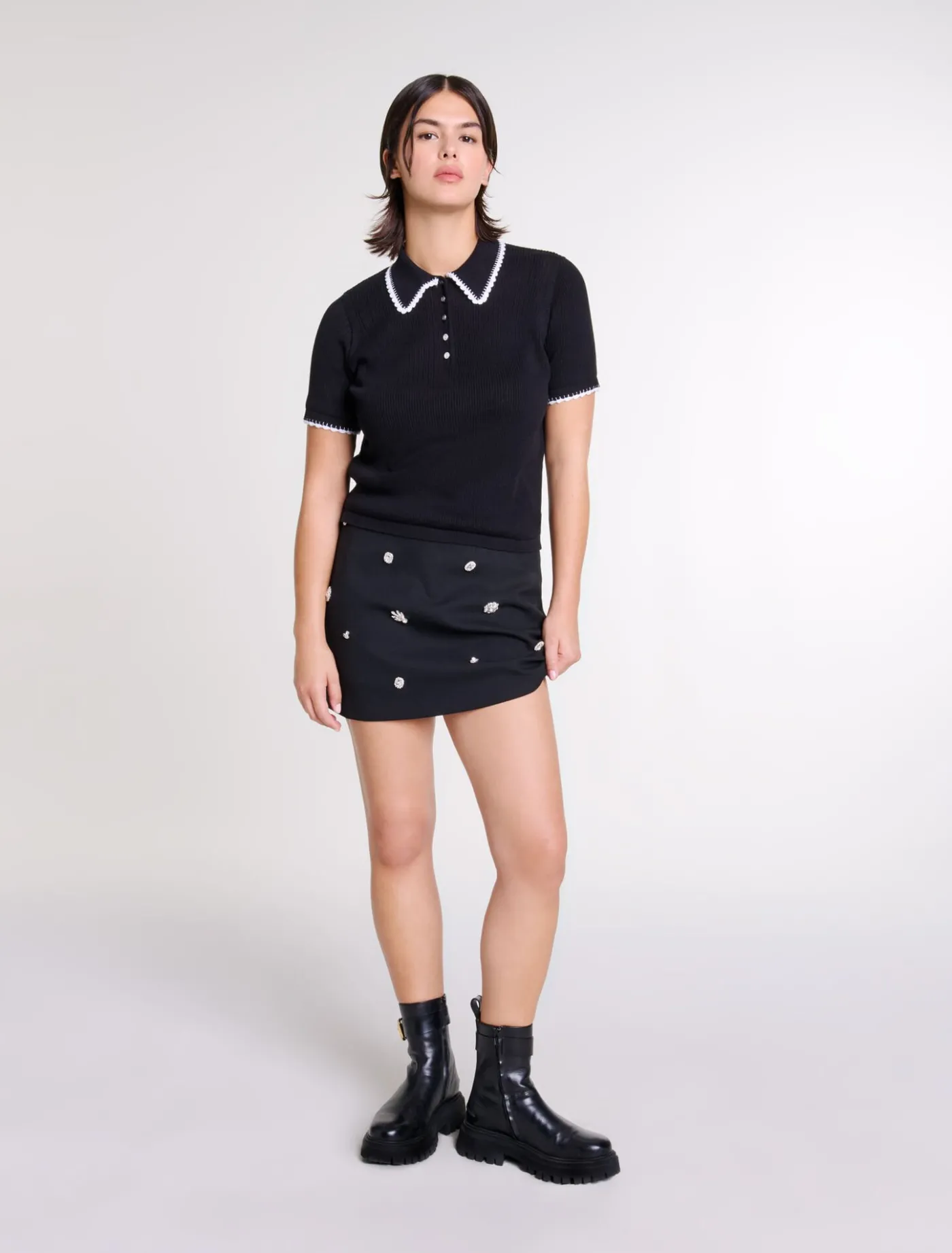 Pointelle knit polo shirt^Maje Store