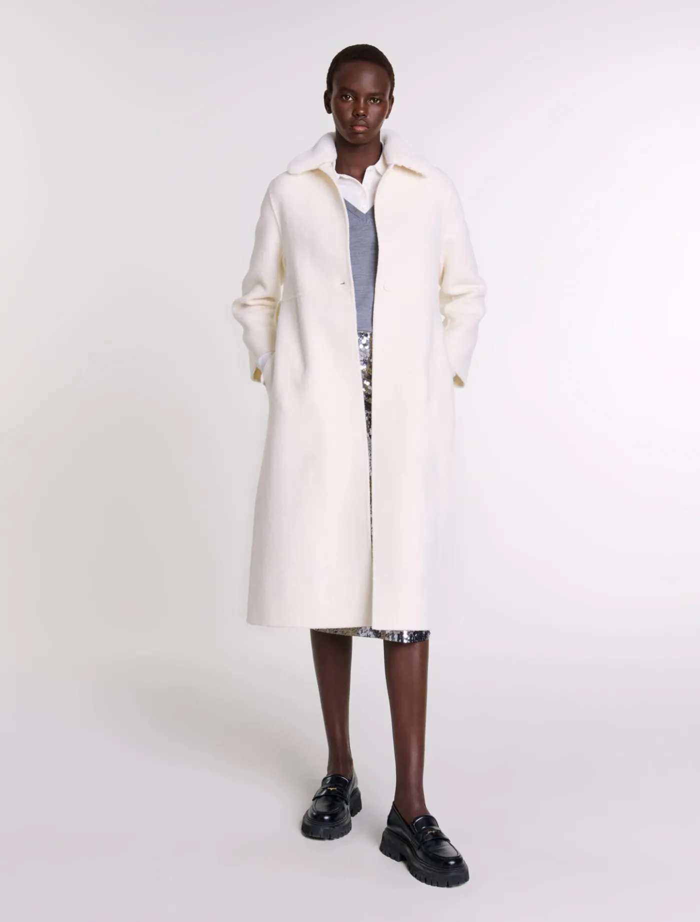 Wool coat with removable collar^Maje Fashion